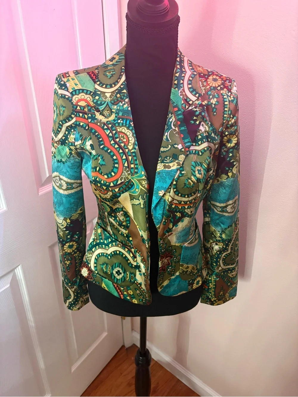 Kay Unger Silk Teal & Green Paisley Blazer - Picture 1 of 4